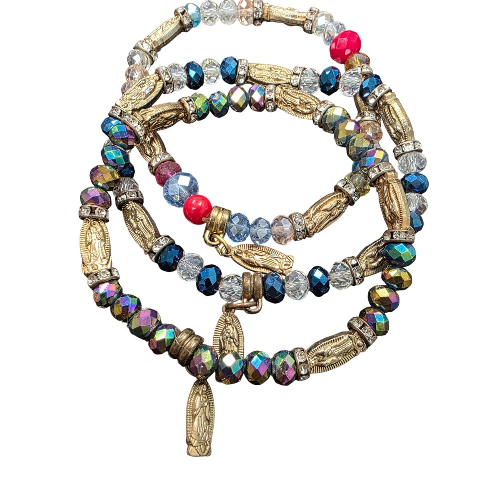 Virgin Mary Religious Stretch Bracelet Set 3PC Gold Tone Iridescent Blue Beads